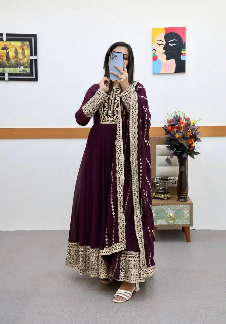 ZC 8957 Wine Perfect for Wedding, Party, Lohri, Haldi, Ethnic Day – . Available at ₹999 only. Delivery 4-6 Working Days. Shop now. | Bollywood Gowns, Creative Gowns, Designer Gowns, Embroidered Gowns, Gowns, Party Wear Gowns