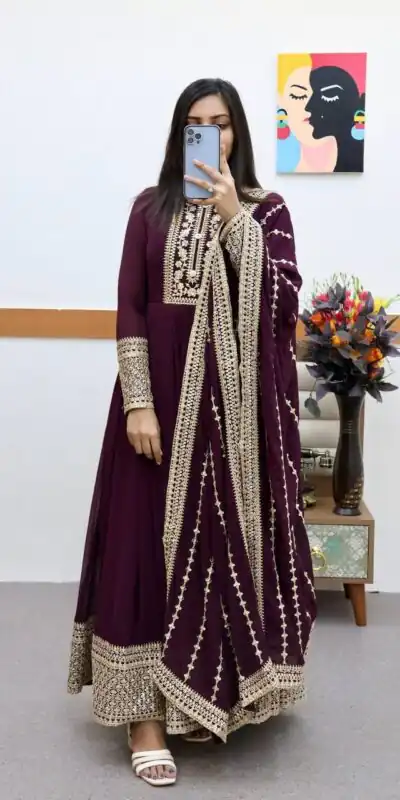 ZC 8957 Wine Perfect for Wedding, Party, Lohri, Haldi, Ethnic Day – . Available at ₹999 only. Delivery 4-6 Working Days. Shop now. | Bollywood Gowns, Creative Gowns, Designer Gowns, Embroidered Gowns, Gowns, Party Wear Gowns