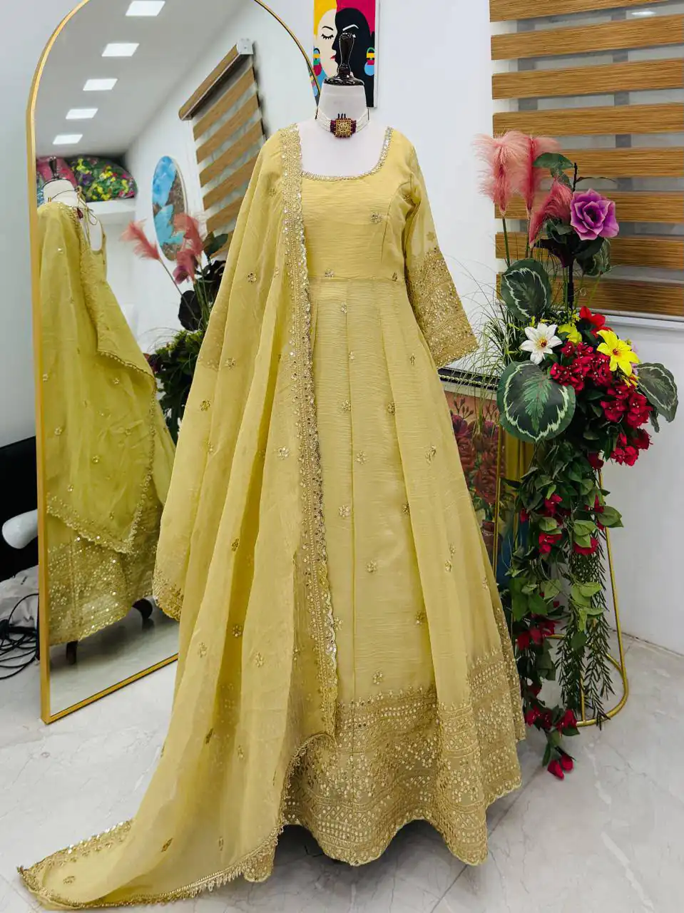 ZB 5069 Yellow Gold Crazy Gown Perfect for Wedding, Party, Mehendi, Anniversary, Onam – . Grab it for ₹2099. Delivery 4-6 Working Days. Shop now. | Bollywood Gowns, Creative Gowns, Designer Gowns, Embroidered Gowns, Gowns, Party Wear Gowns