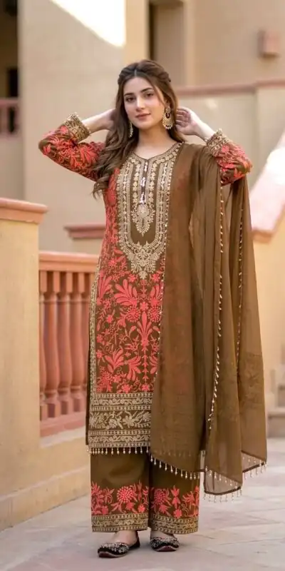 KF 1729 Brown Diamond Georgette Salwar Suit with Sequins Work & Embroidery Work. Introductory Price ₹2399. Delivery 4-6 Working Days. Shop now. | Casual Suits, Jump Suits, Creative suits, Designer Suits, Palazzo Suits, Party Wear Suits, Patiala Suits, Salwar suit, Straight Suits