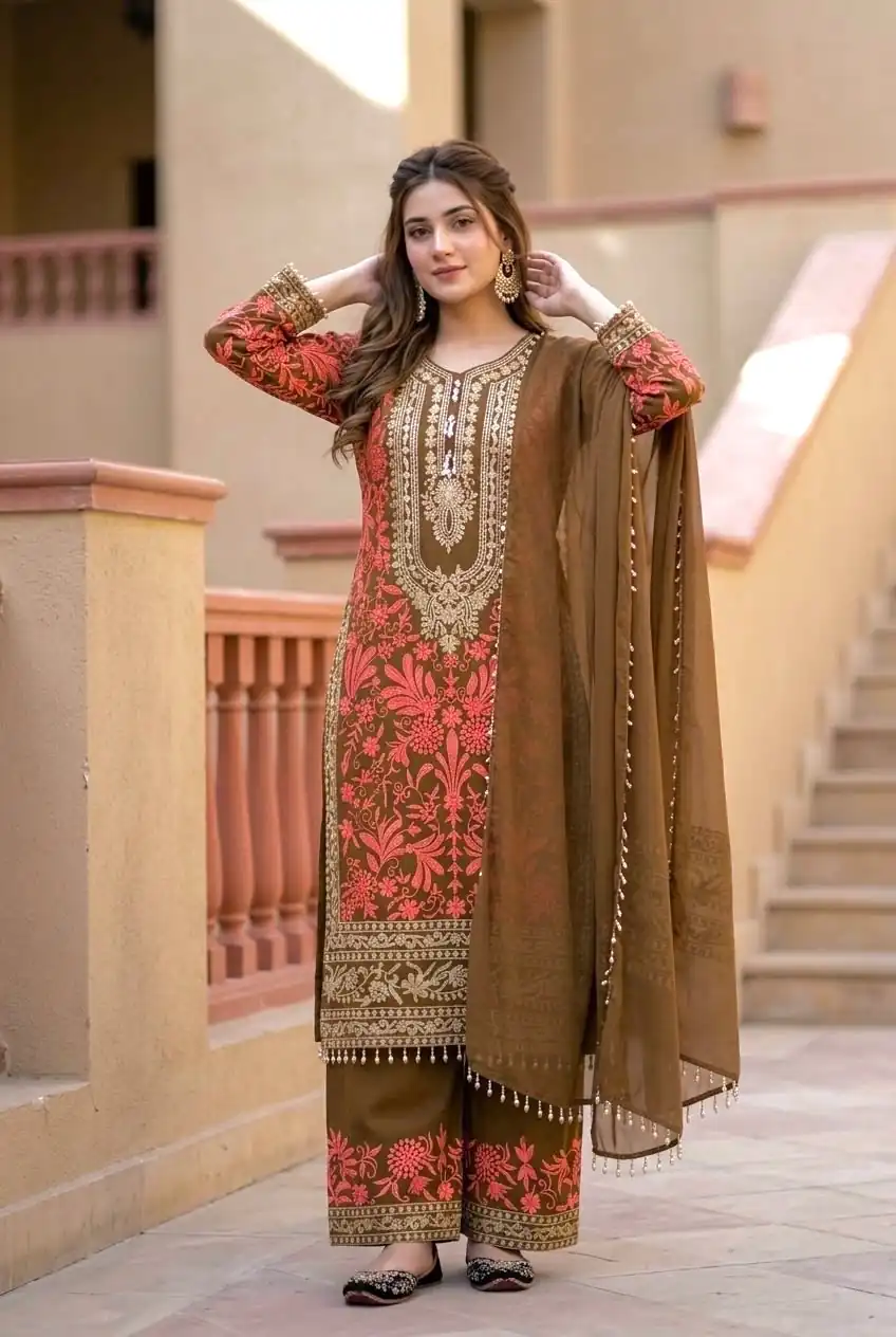 KF 1729 Brown Diamond Georgette Salwar Suit with Sequins Work & Embroidery Work. Introductory Price ₹2399. Delivery 4-6 Working Days. Shop now. | Casual Suits, Jump Suits, Creative suits, Designer Suits, Palazzo Suits, Party Wear Suits, Patiala Suits, Salwar suit, Straight Suits