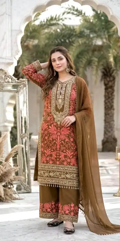 KF 1729 Brown Diamond Georgette Salwar Suit with Sequins Work & Embroidery Work. Introductory Price ₹2399. Delivery 4-6 Working Days. Shop now. | Casual Suits, Jump Suits, Creative suits, Designer Suits, Palazzo Suits, Party Wear Suits, Patiala Suits, Salwar suit, Straight Suits