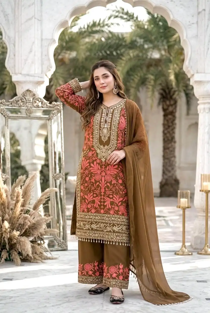 KF 1729 Brown Diamond Georgette Salwar Suit with Sequins Work & Embroidery Work. Introductory Price ₹2399. Delivery 4-6 Working Days. Shop now. | Casual Suits, Jump Suits, Creative suits, Designer Suits, Palazzo Suits, Party Wear Suits, Patiala Suits, Salwar suit, Straight Suits