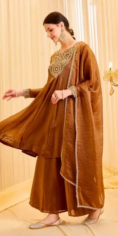 KF 1727 Brown Fandy Silk Salwar Suit Perfect for Wedding, Party, Family Gatherings, Onam, Engagement – . Affordable Price ₹1849. Delivery 4-6 Working Da | Casual Suits, Jump Suits, Creative suits, Designer Suits, Palazzo Suits, Party Wear Suits, Patiala Suits, Salwar suit, Straight Suits