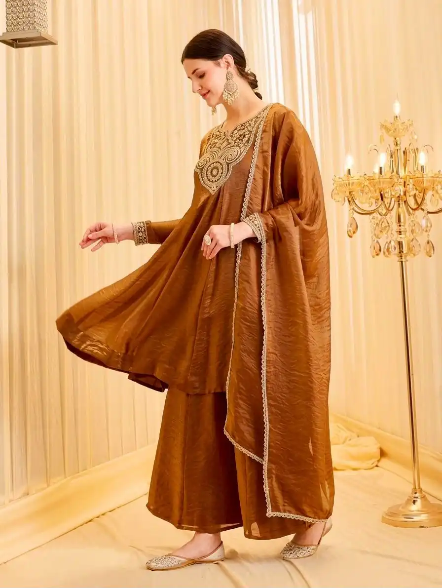 KF 1727 Brown Fandy Silk Salwar Suit Perfect for Wedding, Party, Family Gatherings, Onam, Engagement – . Affordable Price ₹1849. Delivery 4-6 Working Da | Casual Suits, Jump Suits, Creative suits, Designer Suits, Palazzo Suits, Party Wear Suits, Patiala Suits, Salwar suit, Straight Suits