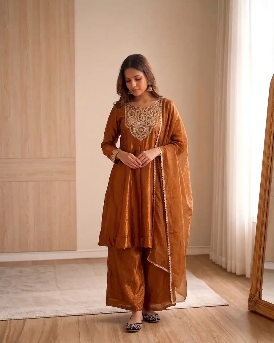 KF 1727 Brown Fandy Silk Salwar Suit Perfect for Wedding, Party, Family Gatherings, Onam, Engagement – . Affordable Price ₹1849. Delivery 4-6 Working Da | Casual Suits, Jump Suits, Creative suits, Designer Suits, Palazzo Suits, Party Wear Suits, Patiala Suits, Salwar suit, Straight Suits