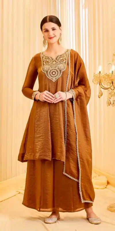 KF 1727 Brown Fandy Silk Salwar Suit Perfect for Wedding, Party, Family Gatherings, Onam, Engagement – . Affordable Price ₹1849. Delivery 4-6 Working Da | Casual Suits, Jump Suits, Creative suits, Designer Suits, Palazzo Suits, Party Wear Suits, Patiala Suits, Salwar suit, Straight Suits