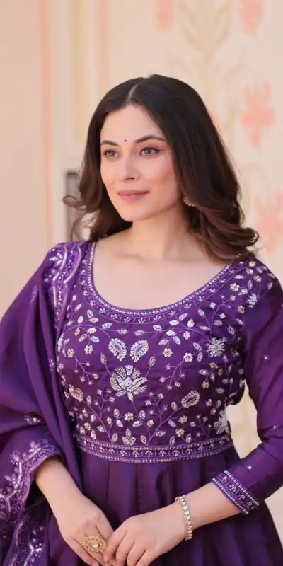 KA 1230 Purple in Gold Crush Zari Work & Embroidery Work Gown . Affordable Price ₹1999. Delivery 4-6 Working Days. Shop now. | Bollywood Gowns, Creative Gowns, Designer Gowns, Embroidered Gowns, Gowns, Party Wear Gowns