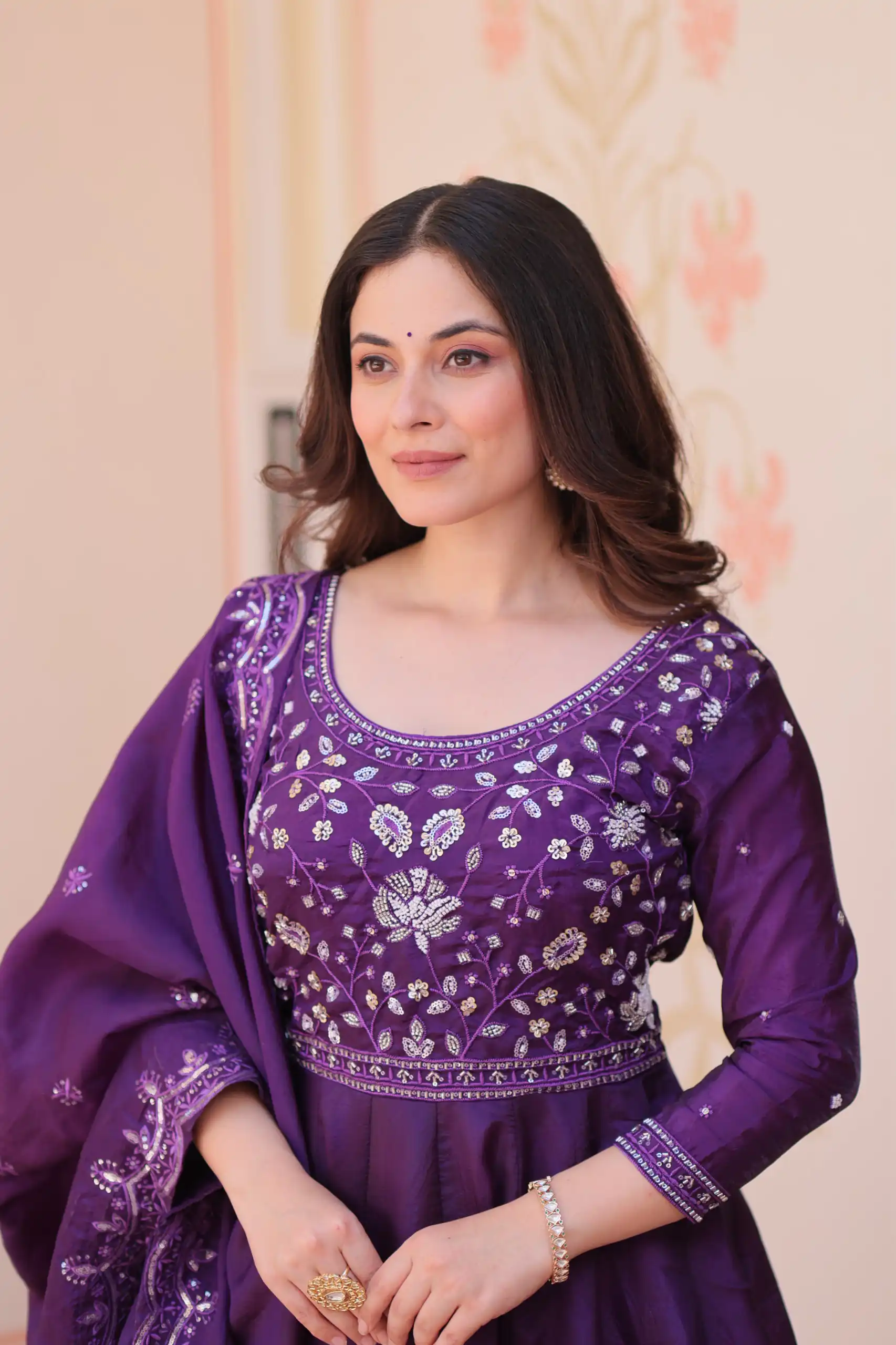 KA 1230 Purple in Gold Crush Zari Work & Embroidery Work Gown . Affordable Price ₹1999. Delivery 4-6 Working Days. Shop now. | Bollywood Gowns, Creative Gowns, Designer Gowns, Embroidered Gowns, Gowns, Party Wear Gowns
