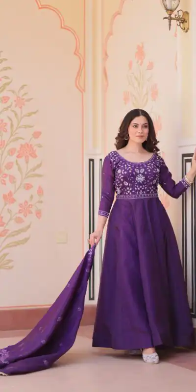 KA 1230 Purple in Gold Crush Zari Work & Embroidery Work Gown . Affordable Price ₹1999. Delivery 4-6 Working Days. Shop now. | Bollywood Gowns, Creative Gowns, Designer Gowns, Embroidered Gowns, Gowns, Party Wear Gowns