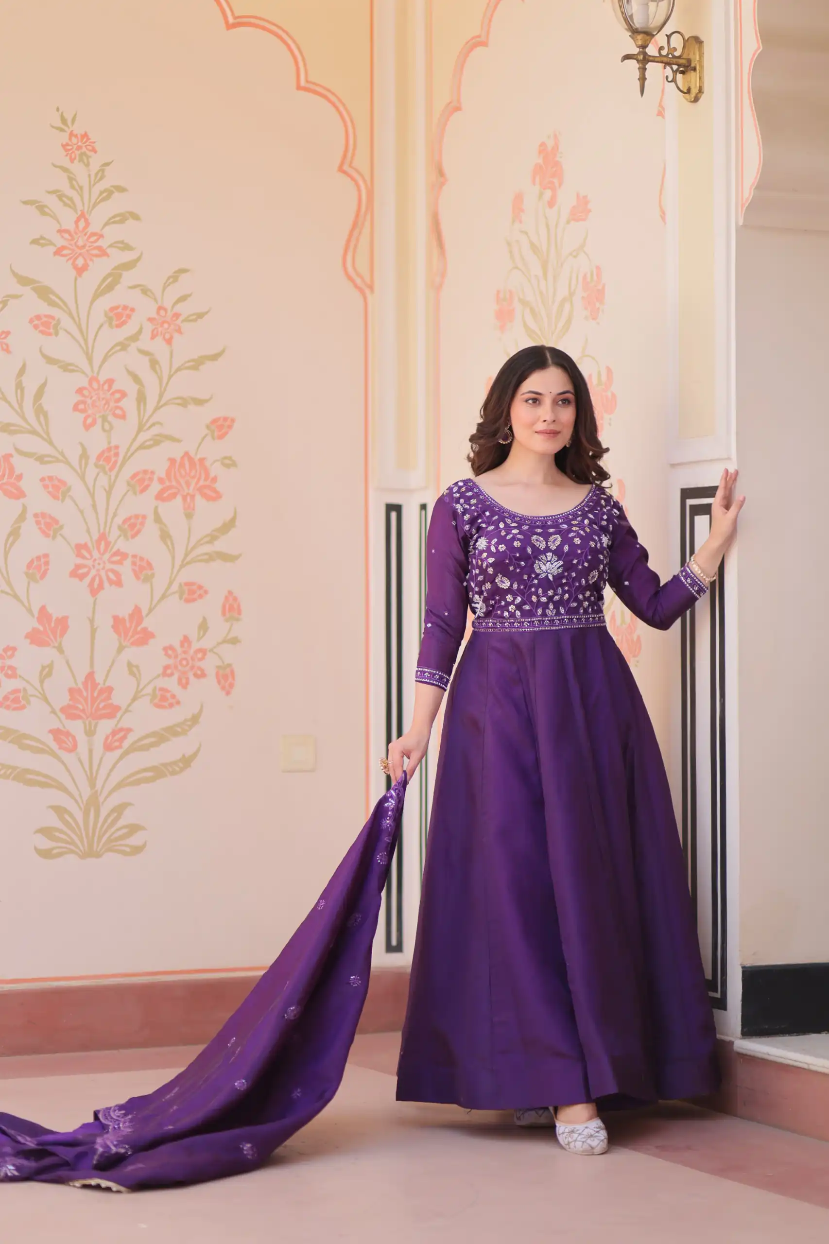 KA 1230 Purple in Gold Crush Zari Work & Embroidery Work Gown . Affordable Price ₹1999. Delivery 4-6 Working Days. Shop now. | Bollywood Gowns, Creative Gowns, Designer Gowns, Embroidered Gowns, Gowns, Party Wear Gowns