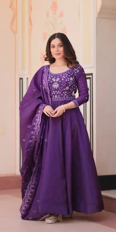 KA 1230 Purple in Gold Crush Zari Work & Embroidery Work Gown . Affordable Price ₹1999. Delivery 4-6 Working Days. Shop now. | Bollywood Gowns, Creative Gowns, Designer Gowns, Embroidered Gowns, Gowns, Party Wear Gowns