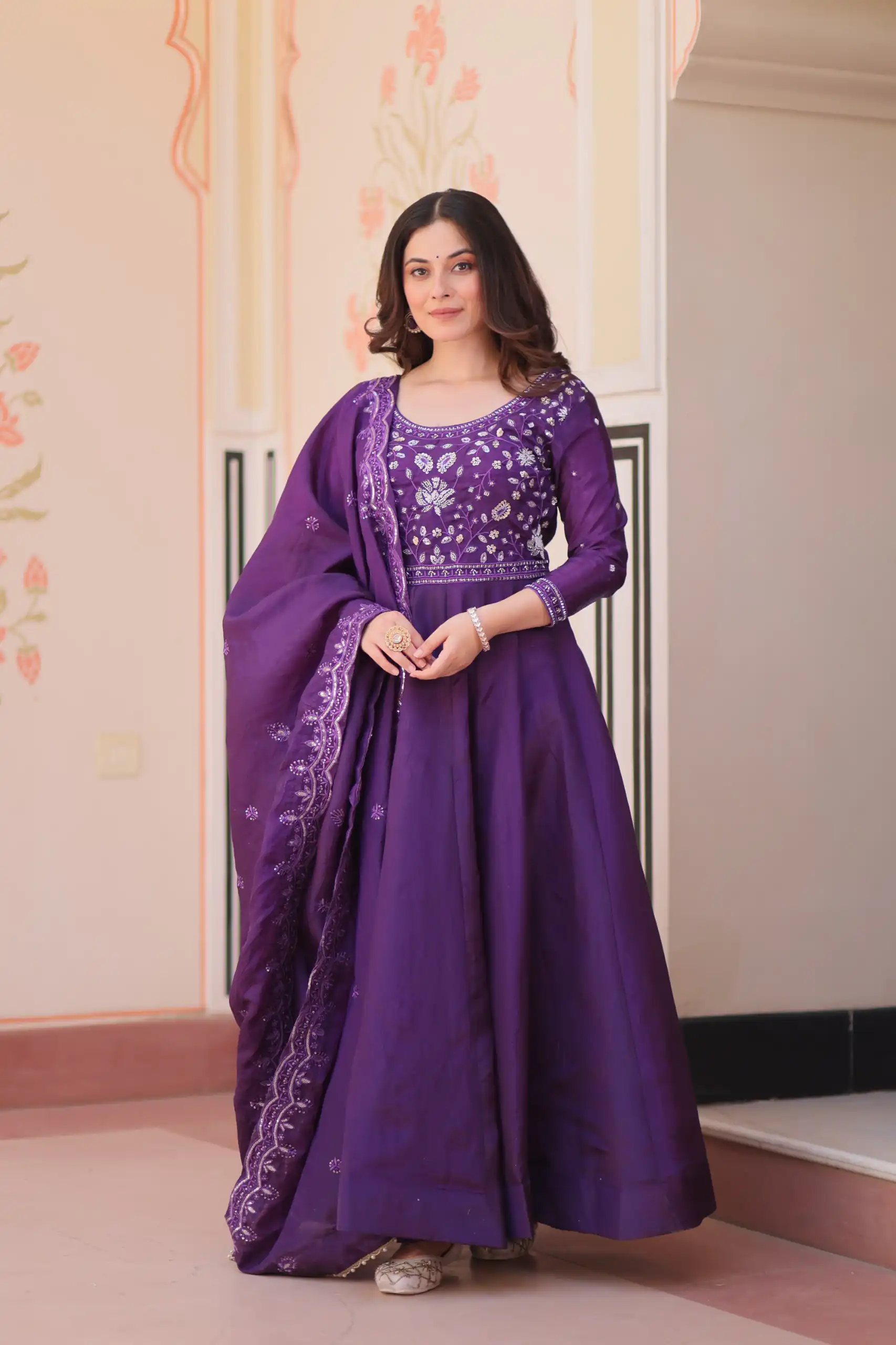 KA 1230 Purple in Gold Crush Zari Work & Embroidery Work Gown . Affordable Price ₹1999. Delivery 4-6 Working Days. Shop now. | Bollywood Gowns, Creative Gowns, Designer Gowns, Embroidered Gowns, Gowns, Party Wear Gowns
