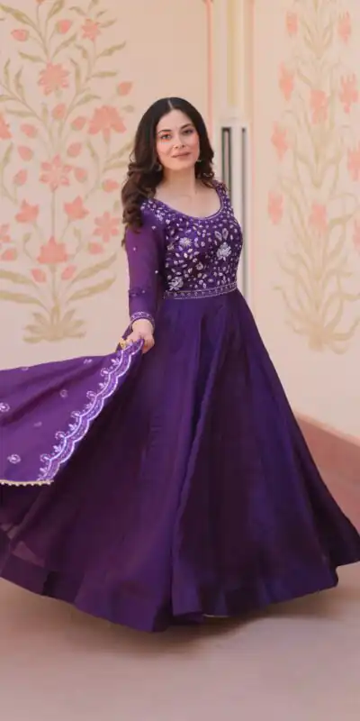 KA 1230 Purple in Gold Crush Zari Work & Embroidery Work Gown . Affordable Price ₹1999. Delivery 4-6 Working Days. Shop now. | Bollywood Gowns, Creative Gowns, Designer Gowns, Embroidered Gowns, Gowns, Party Wear Gowns