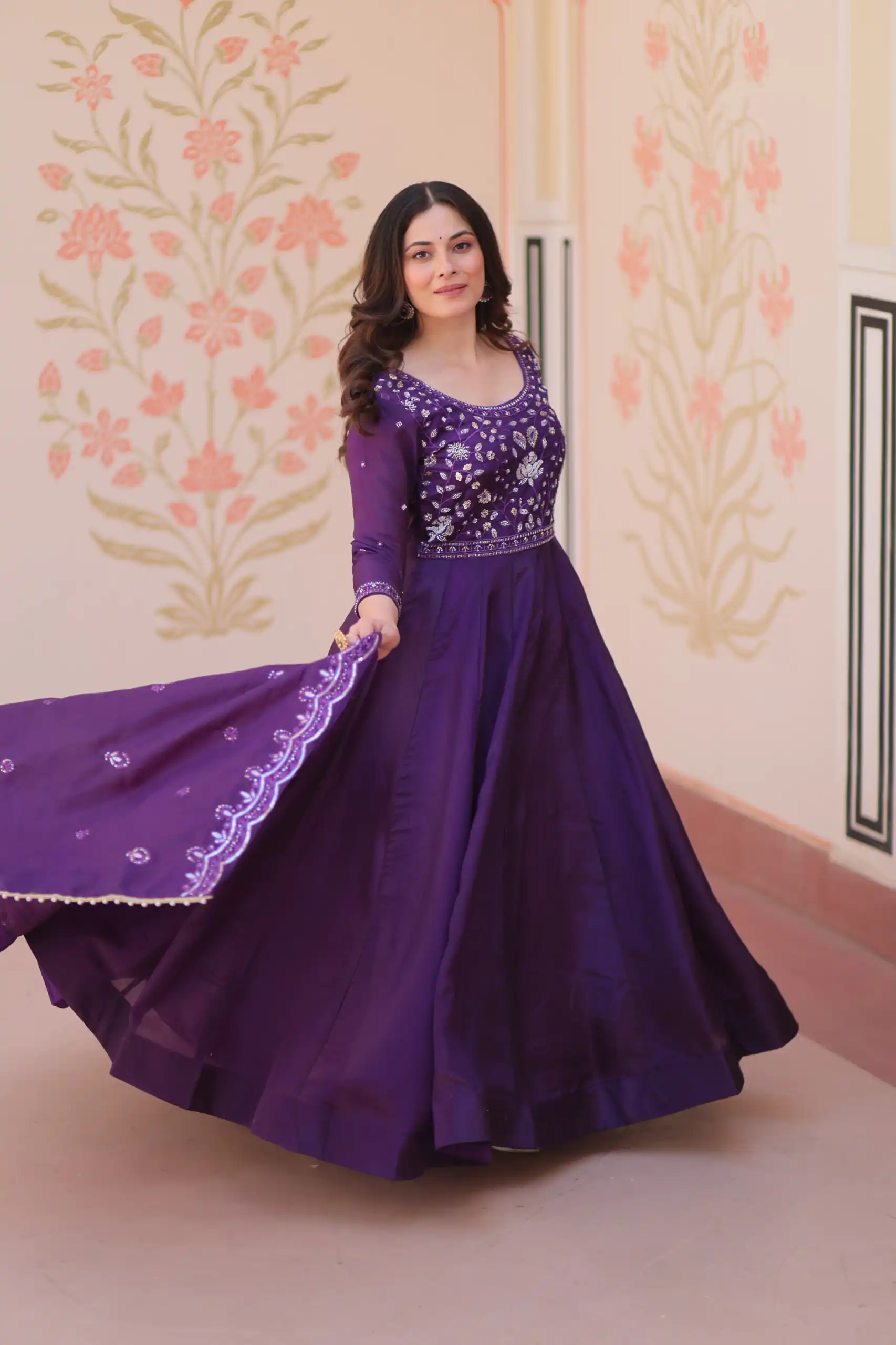 KA 1230 Purple in Gold Crush Zari Work & Embroidery Work Gown . Affordable Price ₹1999. Delivery 4-6 Working Days. Shop now. | Bollywood Gowns, Creative Gowns, Designer Gowns, Embroidered Gowns, Gowns, Party Wear Gowns