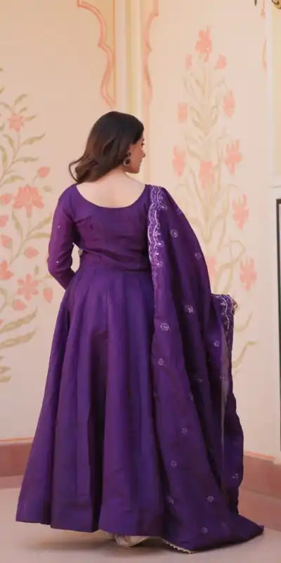 KA 1230 Purple in Gold Crush Zari Work & Embroidery Work Gown . Affordable Price ₹1999. Delivery 4-6 Working Days. Shop now. | Bollywood Gowns, Creative Gowns, Designer Gowns, Embroidered Gowns, Gowns, Party Wear Gowns