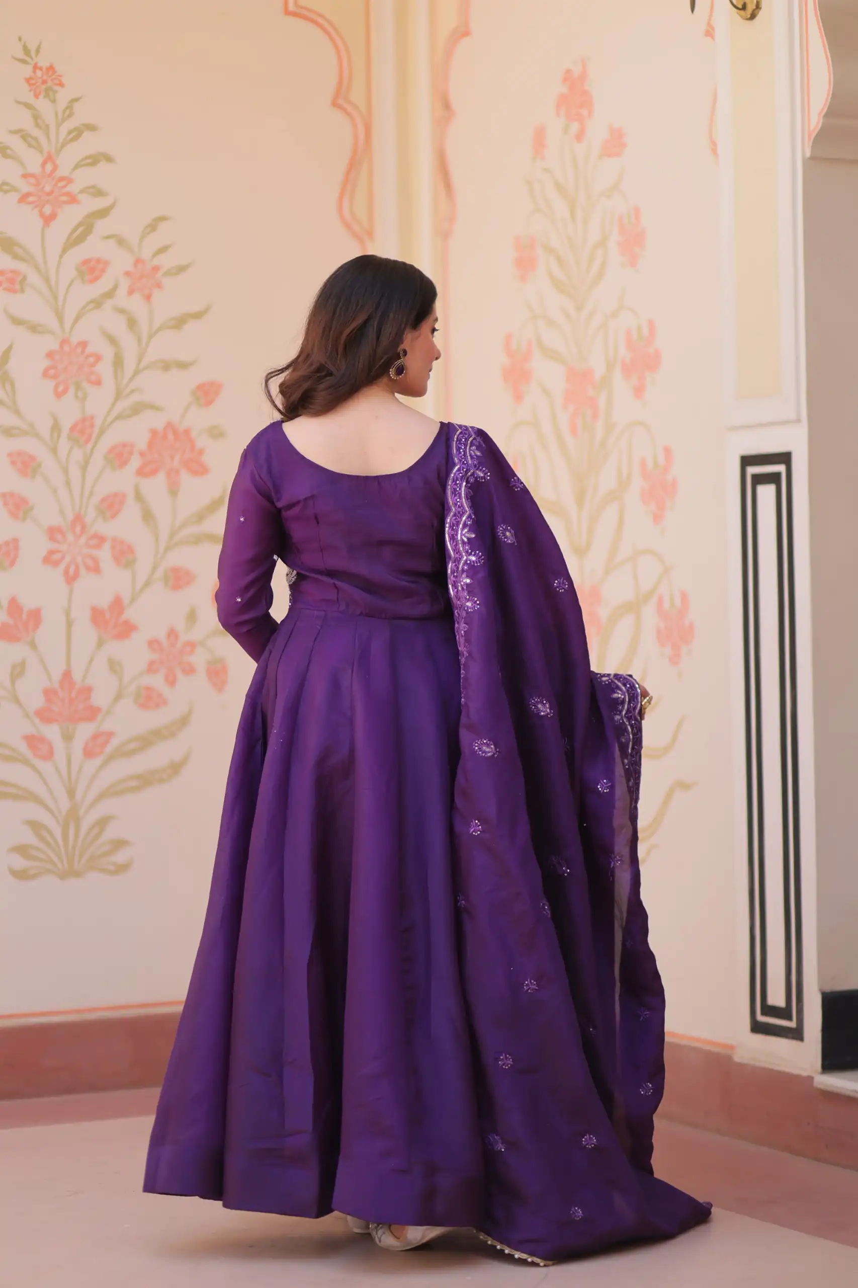 KA 1230 Purple in Gold Crush Zari Work & Embroidery Work Gown . Affordable Price ₹1999. Delivery 4-6 Working Days. Shop now. | Bollywood Gowns, Creative Gowns, Designer Gowns, Embroidered Gowns, Gowns, Party Wear Gowns