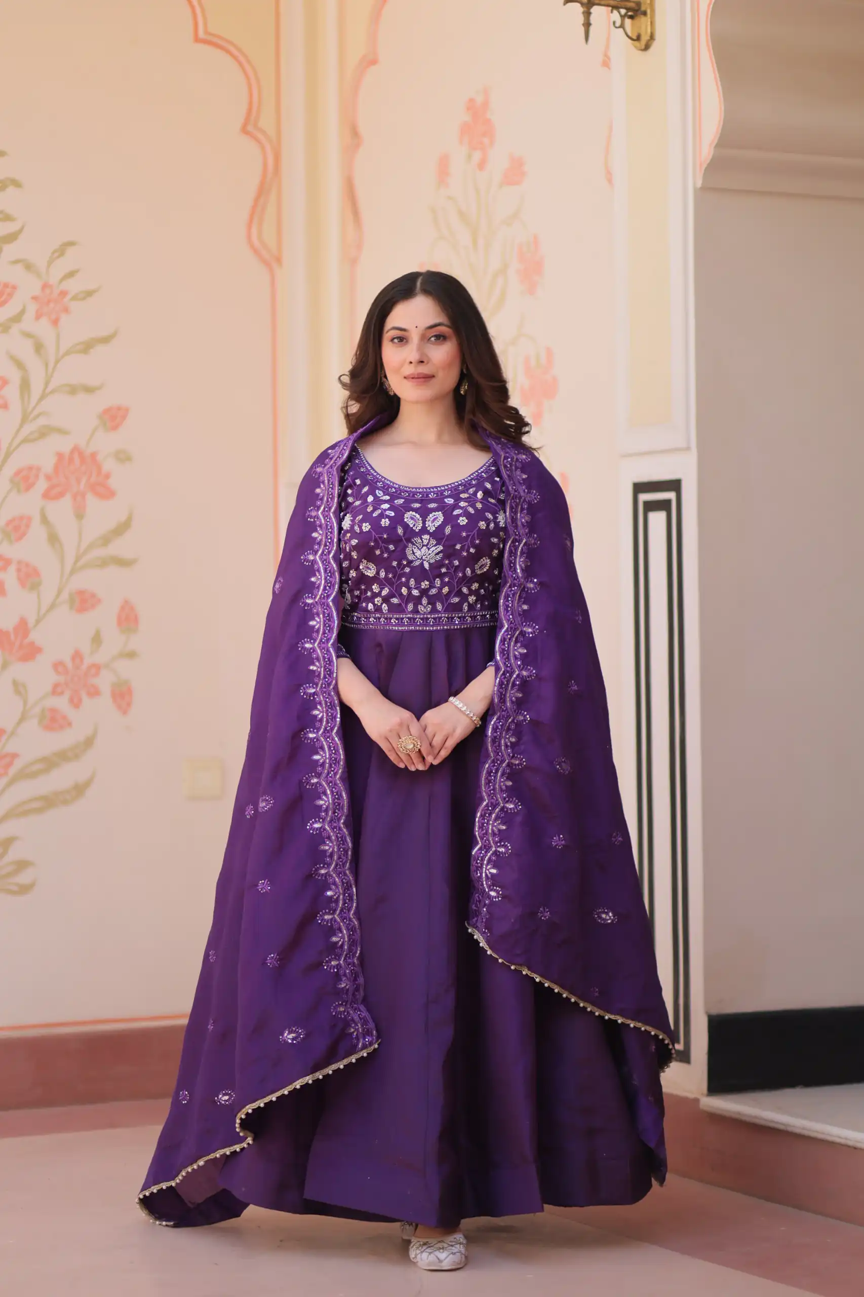 KA 1230 Purple in Gold Crush Zari Work & Embroidery Work Gown . Affordable Price ₹1999. Delivery 4-6 Working Days. Shop now. | Bollywood Gowns, Creative Gowns, Designer Gowns, Embroidered Gowns, Gowns, Party Wear Gowns