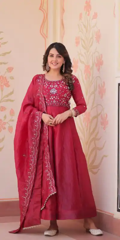 KA 1230 Red in Gold Crush Zari Work & Embroidery Work Gown . Affordable Price ₹1999. Delivery 4-6 Working Days. Shop now. | Bollywood Gowns, Creative Gowns, Designer Gowns, Embroidered Gowns, Gowns, Party Wear Gowns