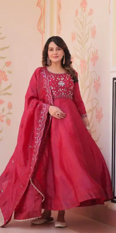 KA 1230 Red in Gold Crush Zari Work & Embroidery Work Gown . Affordable Price ₹1999. Delivery 4-6 Working Days. Shop now. | Bollywood Gowns, Creative Gowns, Designer Gowns, Embroidered Gowns, Gowns, Party Wear Gowns
