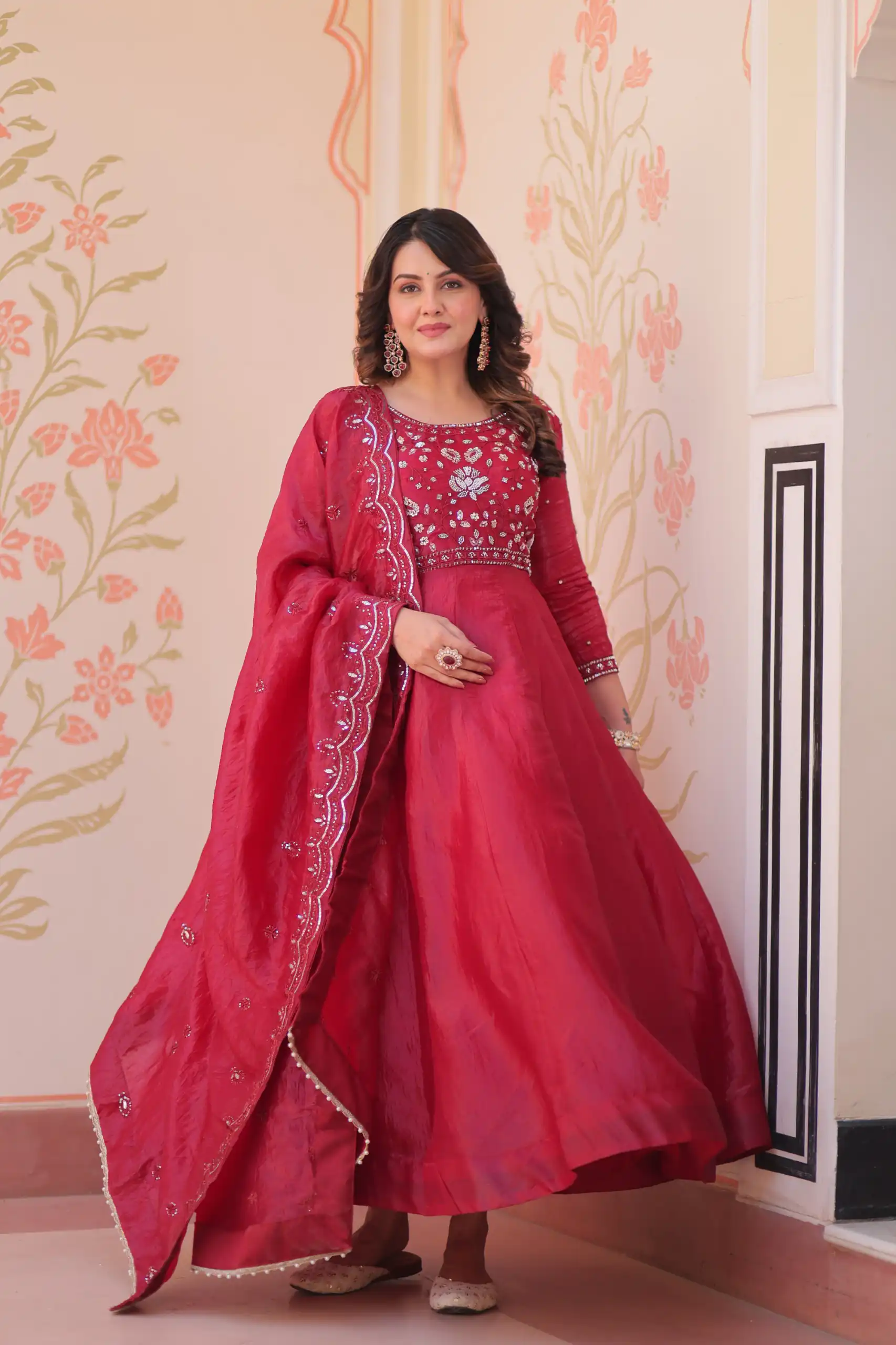 KA 1230 Red in Gold Crush Zari Work & Embroidery Work Gown . Affordable Price ₹1999. Delivery 4-6 Working Days. Shop now. | Bollywood Gowns, Creative Gowns, Designer Gowns, Embroidered Gowns, Gowns, Party Wear Gowns