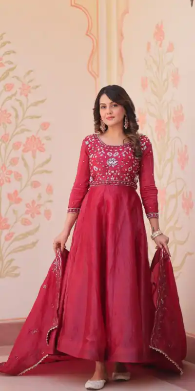 KA 1230 Red in Gold Crush Zari Work & Embroidery Work Gown . Affordable Price ₹1999. Delivery 4-6 Working Days. Shop now. | Bollywood Gowns, Creative Gowns, Designer Gowns, Embroidered Gowns, Gowns, Party Wear Gowns