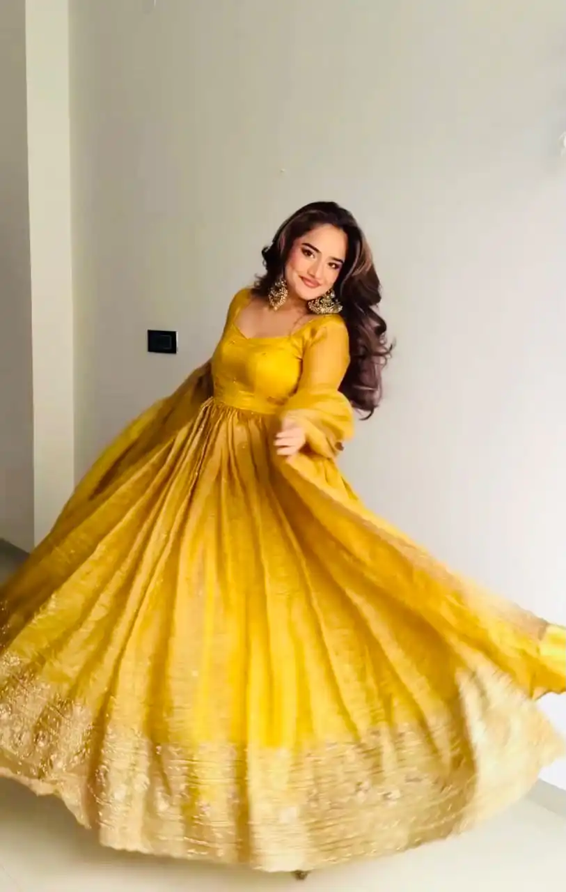 ZF 6012 Yellow in Gold Crush Zari Work & Embroidery Work Gown . Affordable Price ₹2149. Delivery 4-6 Working Days. Shop now. | Bollywood Gowns, Creative Gowns, Designer Gowns, Embroidered Gowns, Gowns, Party Wear Gowns