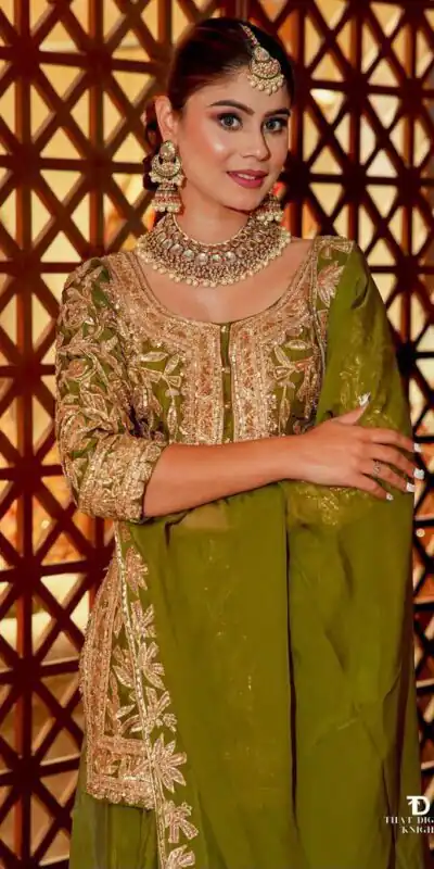 ZD 10095 Mehendi | Chinon Silk Salwar Suit with Sequins Work & Embroidery Work. Exclusive Offer ₹2449. Delivery 4-6 Working Days. Shop now. | Casual Suits, Jump Suits, Creative suits, Designer Suits, Palazzo Suits, Party Wear Suits, Patiala Suits, Salwar suit, Straight Suits