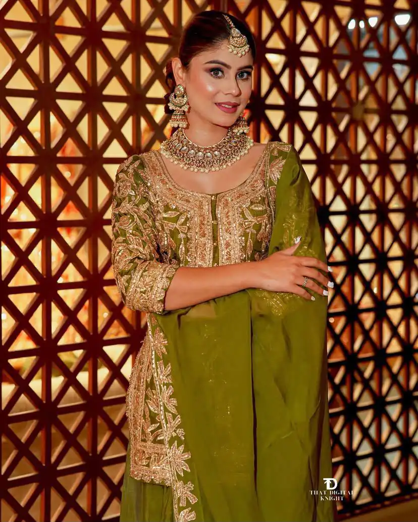 ZD 10095 Mehendi | Chinon Silk Salwar Suit with Sequins Work & Embroidery Work. Exclusive Offer ₹2449. Delivery 4-6 Working Days. Shop now. | Casual Suits, Jump Suits, Creative suits, Designer Suits, Palazzo Suits, Party Wear Suits, Patiala Suits, Salwar suit, Straight Suits