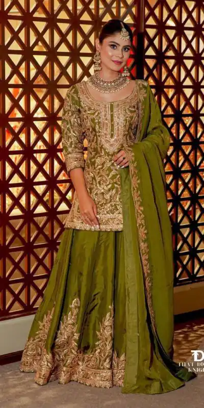 ZD 10095 Mehendi | Chinon Silk Salwar Suit with Sequins Work & Embroidery Work. Exclusive Offer ₹2449. Delivery 4-6 Working Days. Shop now. | Casual Suits, Jump Suits, Creative suits, Designer Suits, Palazzo Suits, Party Wear Suits, Patiala Suits, Salwar suit, Straight Suits