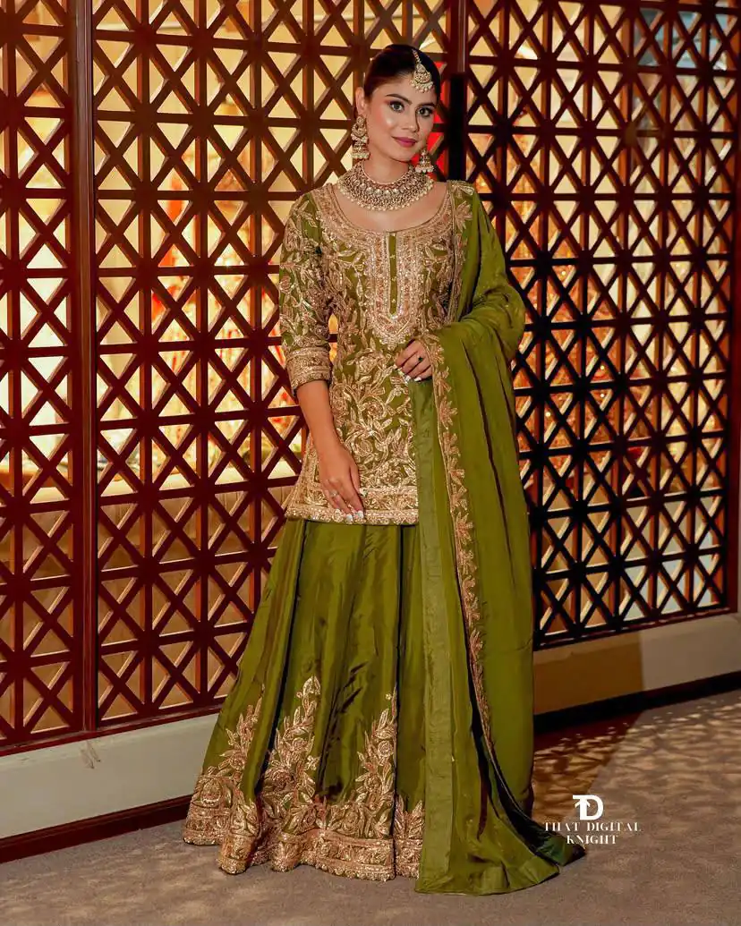 ZD 10095 Mehendi | Chinon Silk Salwar Suit with Sequins Work & Embroidery Work. Exclusive Offer ₹2449. Delivery 4-6 Working Days. Shop now. | Casual Suits, Jump Suits, Creative suits, Designer Suits, Palazzo Suits, Party Wear Suits, Patiala Suits, Salwar suit, Straight Suits
