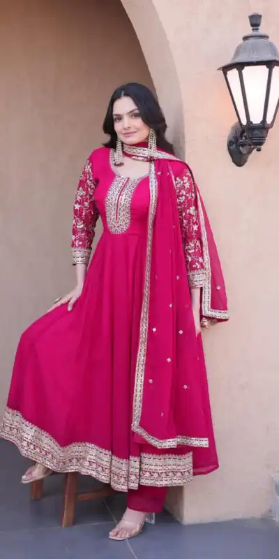 KA 1253 Pink Faux Blooming Gown Perfect for Wedding, Party, Ethnic Day, Mehendi, Eid – . Now at just ₹2399. Delivery 4-6 Working Days. Shop now. | Bollywood Gowns, Creative Gowns, Designer Gowns, Embroidered Gowns, Gowns, Party Wear Gowns