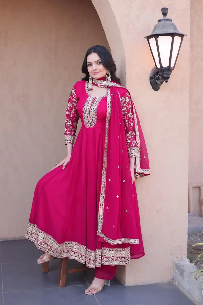 KA 1253 Pink Faux Blooming Gown Perfect for Wedding, Party, Ethnic Day, Mehendi, Eid – . Now at just ₹2399. Delivery 4-6 Working Days. Shop now. | Bollywood Gowns, Creative Gowns, Designer Gowns, Embroidered Gowns, Gowns, Party Wear Gowns