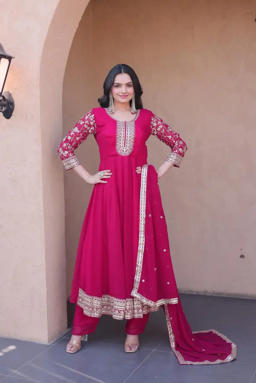 KA 1253 Pink Faux Blooming Gown Perfect for Wedding, Party, Ethnic Day, Mehendi, Eid – . Now at just ₹2399. Delivery 4-6 Working Days. Shop now. | Bollywood Gowns, Creative Gowns, Designer Gowns, Embroidered Gowns, Gowns, Party Wear Gowns
