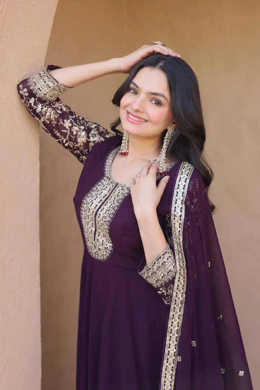 KA 1253 Wine Faux Blooming Gown Perfect for Wedding, Party, Ethnic Day, Mehendi, Eid – . Now at just ₹2399. Delivery 4-6 Working Days. Shop now. | Bollywood Gowns, Creative Gowns, Designer Gowns, Embroidered Gowns, Gowns, Party Wear Gowns