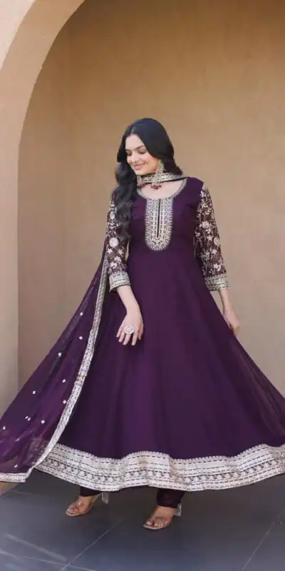 KA 1253 Wine Faux Blooming Gown Perfect for Wedding, Party, Ethnic Day, Mehendi, Eid – . Now at just ₹2399. Delivery 4-6 Working Days. Shop now. | Bollywood Gowns, Creative Gowns, Designer Gowns, Embroidered Gowns, Gowns, Party Wear Gowns