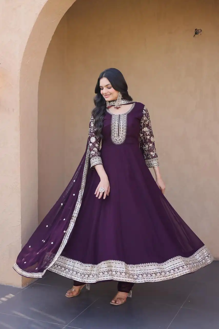 KA 1253 Wine Faux Blooming Gown Perfect for Wedding, Party, Ethnic Day, Mehendi, Eid – . Now at just ₹2399. Delivery 4-6 Working Days. Shop now. | Bollywood Gowns, Creative Gowns, Designer Gowns, Embroidered Gowns, Gowns, Party Wear Gowns