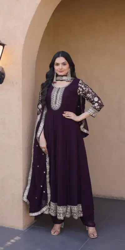 KA 1253 Wine Faux Blooming Gown Perfect for Wedding, Party, Ethnic Day, Mehendi, Eid – . Now at just ₹2399. Delivery 4-6 Working Days. Shop now. | Bollywood Gowns, Creative Gowns, Designer Gowns, Embroidered Gowns, Gowns, Party Wear Gowns
