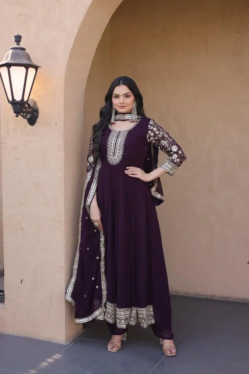 KA 1253 Wine Faux Blooming Gown Perfect for Wedding, Party, Ethnic Day, Mehendi, Eid – . Now at just ₹2399. Delivery 4-6 Working Days. Shop now. | Bollywood Gowns, Creative Gowns, Designer Gowns, Embroidered Gowns, Gowns, Party Wear Gowns