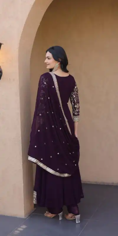KA 1253 Wine Faux Blooming Gown Perfect for Wedding, Party, Ethnic Day, Mehendi, Eid – . Now at just ₹2399. Delivery 4-6 Working Days. Shop now. | Bollywood Gowns, Creative Gowns, Designer Gowns, Embroidered Gowns, Gowns, Party Wear Gowns