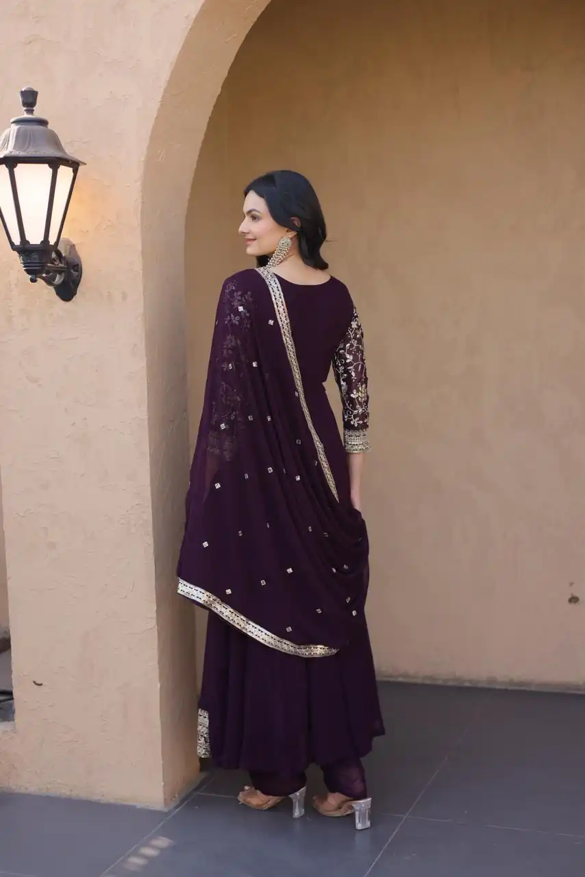 KA 1253 Wine Faux Blooming Gown Perfect for Wedding, Party, Ethnic Day, Mehendi, Eid – . Now at just ₹2399. Delivery 4-6 Working Days. Shop now. | Bollywood Gowns, Creative Gowns, Designer Gowns, Embroidered Gowns, Gowns, Party Wear Gowns