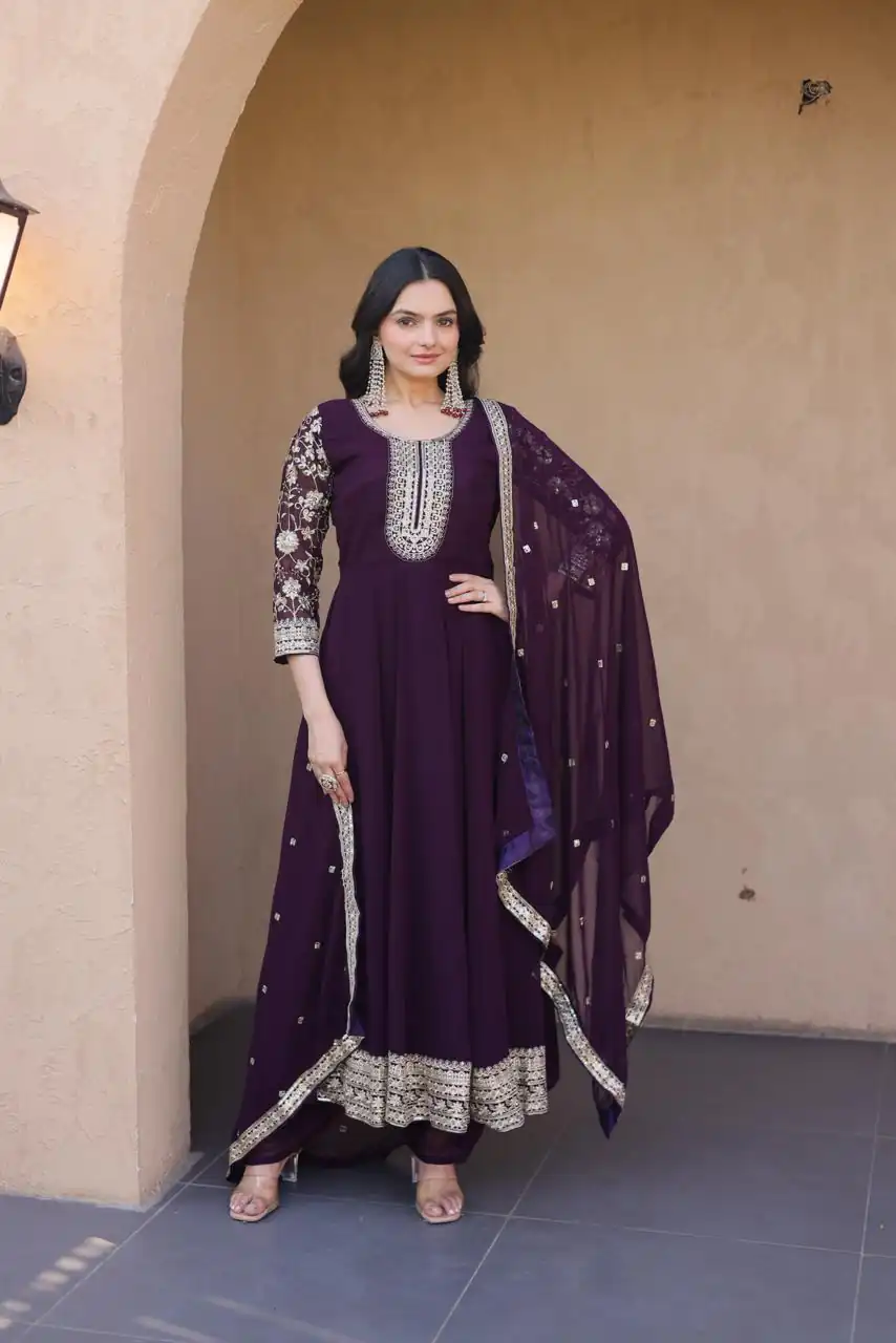 KA 1253 Wine Faux Blooming Gown Perfect for Wedding, Party, Ethnic Day, Mehendi, Eid – . Now at just ₹2399. Delivery 4-6 Working Days. Shop now. | Bollywood Gowns, Creative Gowns, Designer Gowns, Embroidered Gowns, Gowns, Party Wear Gowns