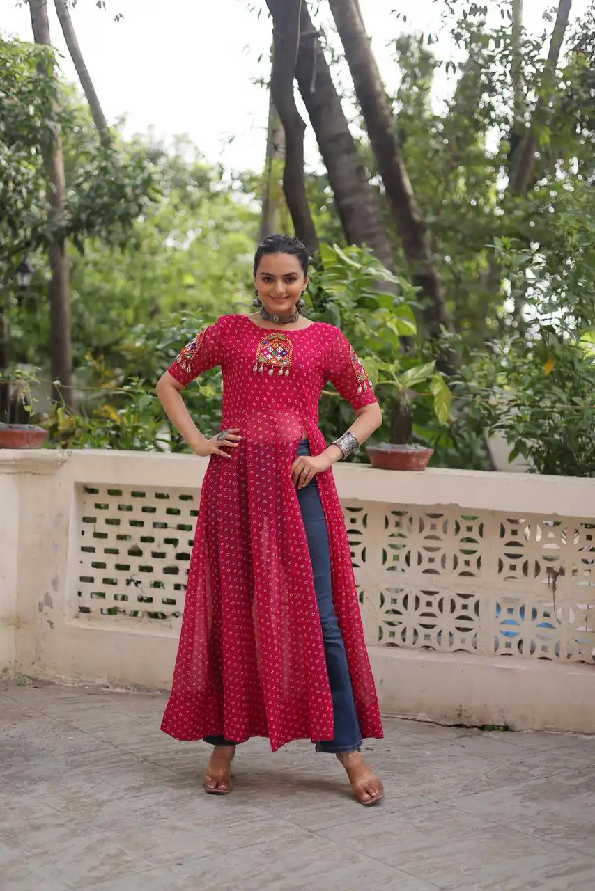 KA 1193 Pink Fox Georgette Kurti with Lace Work & Mirror Work. Affordable Price ₹1619. Delivery 4-6 Working Days. Shop now. | Bollywood Kurti, Creative Kurtis, Designer Kurti, Kurti, Party Wear Kurti, Selfie Kurti