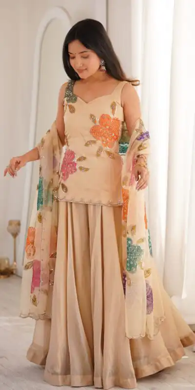 KD 1625 Chiku | Tabby Organza Silk Salwar Suit with Designer Work. Exclusive Offer ₹2099. Delivery 4-6 Working Days. Shop now. | Casual Suits, Jump Suits, Creative suits, Designer Suits, Palazzo Suits, Party Wear Suits, Patiala Suits, Salwar suit, Straight Suits