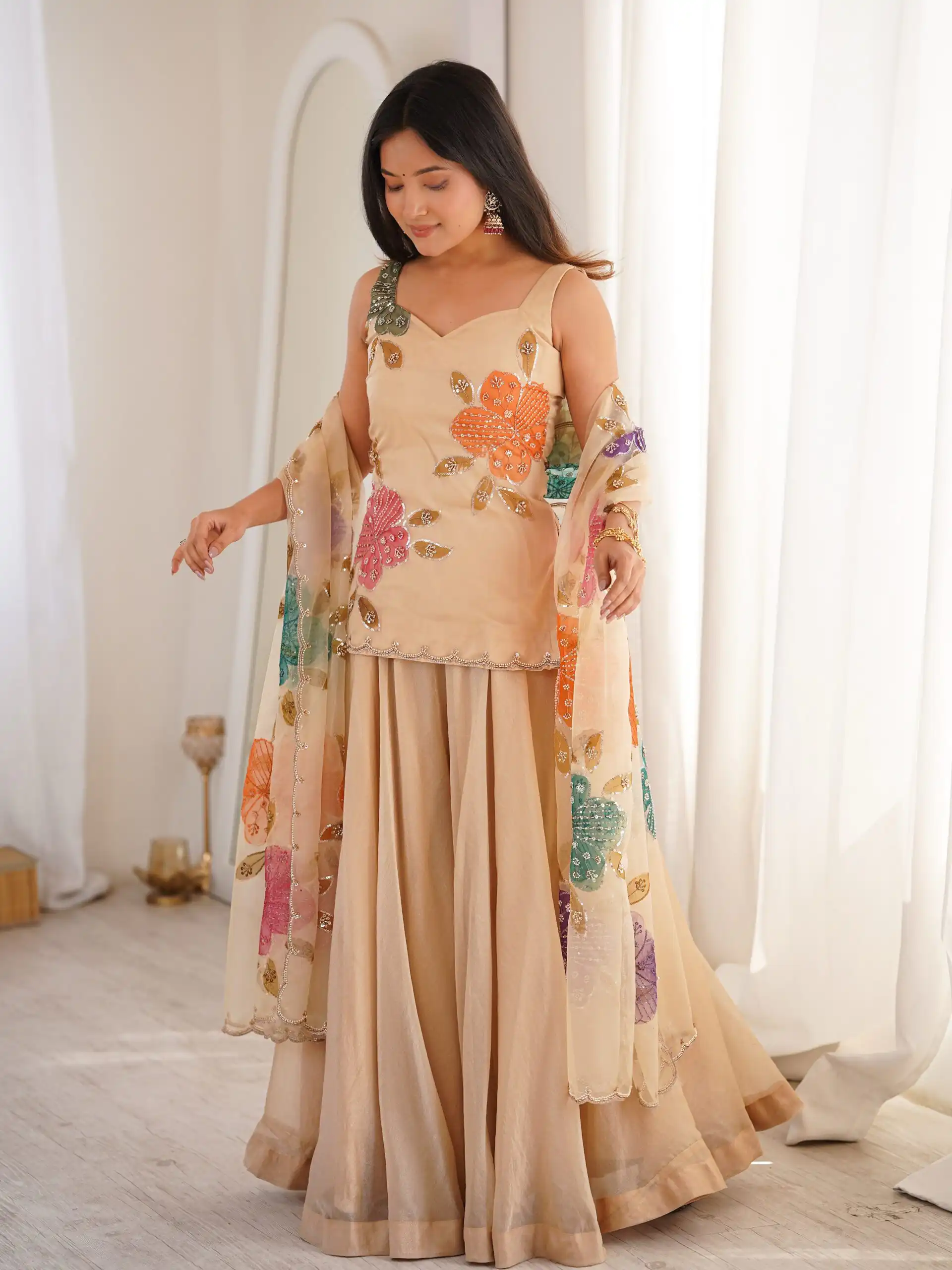 KD 1625 Chiku | Tabby Organza Silk Salwar Suit with Designer Work. Exclusive Offer ₹2099. Delivery 4-6 Working Days. Shop now. | Casual Suits, Jump Suits, Creative suits, Designer Suits, Palazzo Suits, Party Wear Suits, Patiala Suits, Salwar suit, Straight Suits