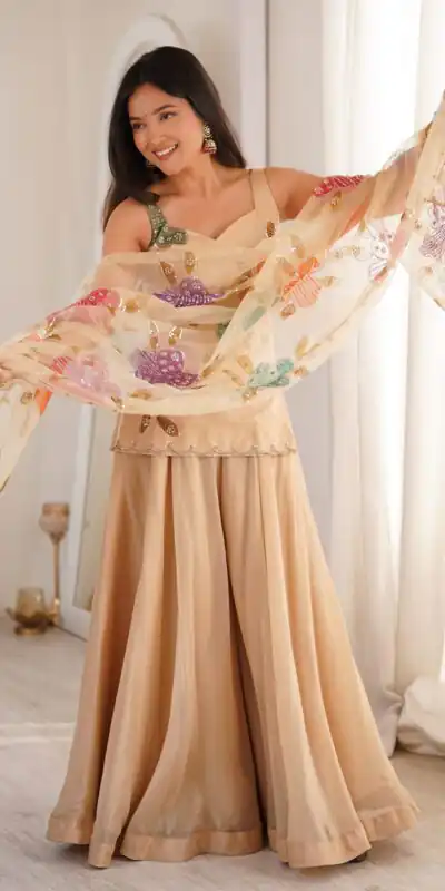 KD 1625 Chiku | Tabby Organza Silk Salwar Suit with Designer Work. Exclusive Offer ₹2099. Delivery 4-6 Working Days. Shop now. | Casual Suits, Jump Suits, Creative suits, Designer Suits, Palazzo Suits, Party Wear Suits, Patiala Suits, Salwar suit, Straight Suits