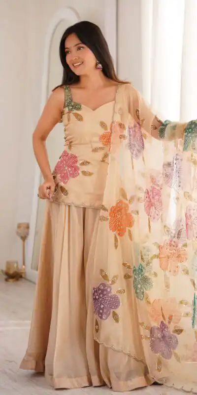 KD 1625 Chiku | Tabby Organza Silk Salwar Suit with Designer Work. Exclusive Offer ₹2099. Delivery 4-6 Working Days. Shop now. | Casual Suits, Jump Suits, Creative suits, Designer Suits, Palazzo Suits, Party Wear Suits, Patiala Suits, Salwar suit, Straight Suits