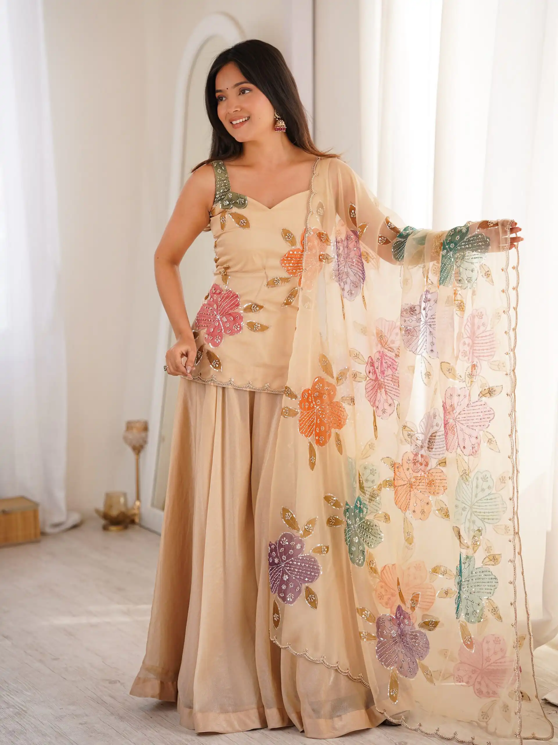 KD 1625 Chiku | Tabby Organza Silk Salwar Suit with Designer Work. Exclusive Offer ₹2099. Delivery 4-6 Working Days. Shop now. | Casual Suits, Jump Suits, Creative suits, Designer Suits, Palazzo Suits, Party Wear Suits, Patiala Suits, Salwar suit, Straight Suits
