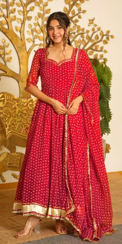 KD 1637 Red in Colour Faux Georgette Bandhani Print Work Gown. Available at ₹1999 only. Delivery 4-6 Working Days. Shop now. | Bollywood Gowns, Creative Gowns, Designer Gowns, Embroidered Gowns, Gowns, Party Wear Gowns