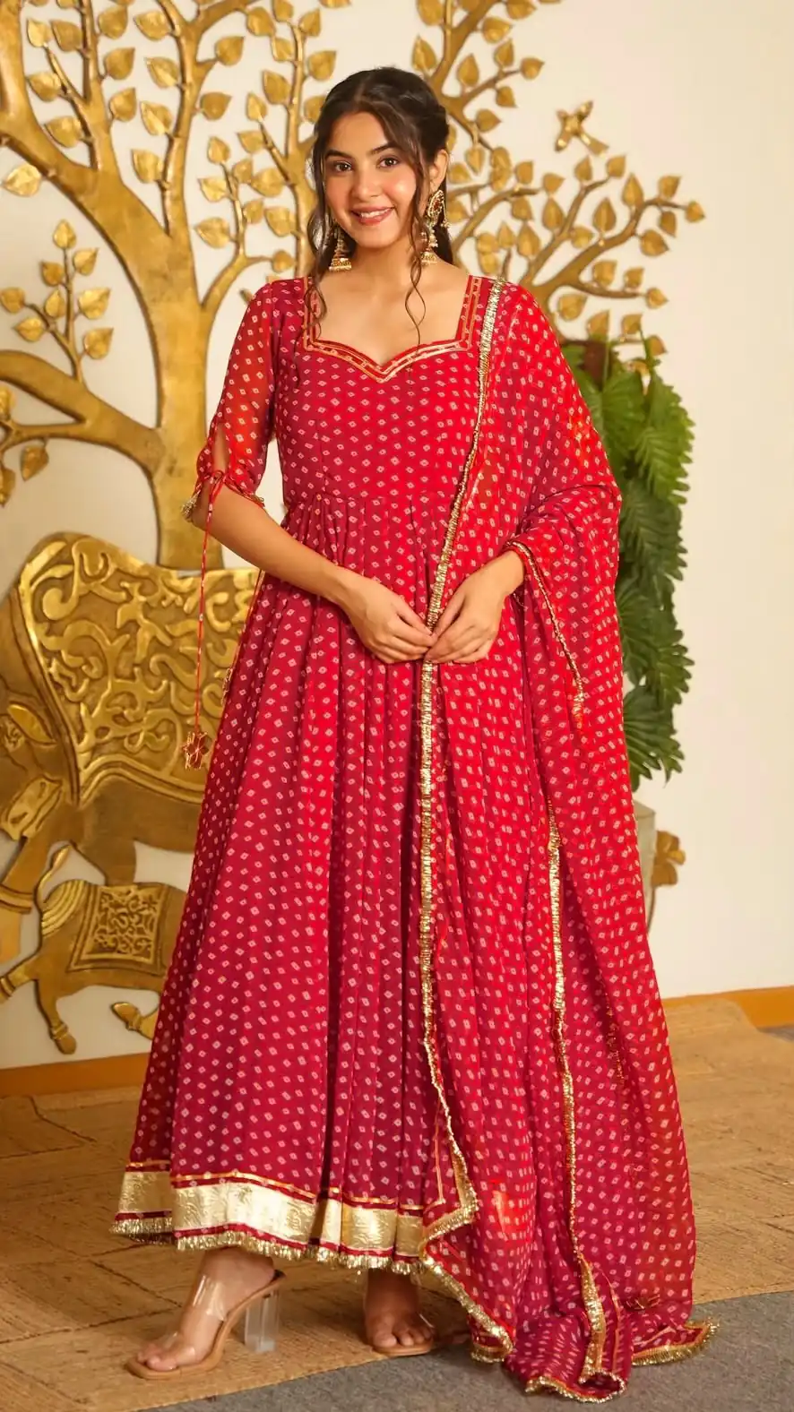 KD 1637 Red in Colour Faux Georgette Bandhani Print Work Gown. Available at ₹1999 only. Delivery 4-6 Working Days. Shop now. | Bollywood Gowns, Creative Gowns, Designer Gowns, Embroidered Gowns, Gowns, Party Wear Gowns